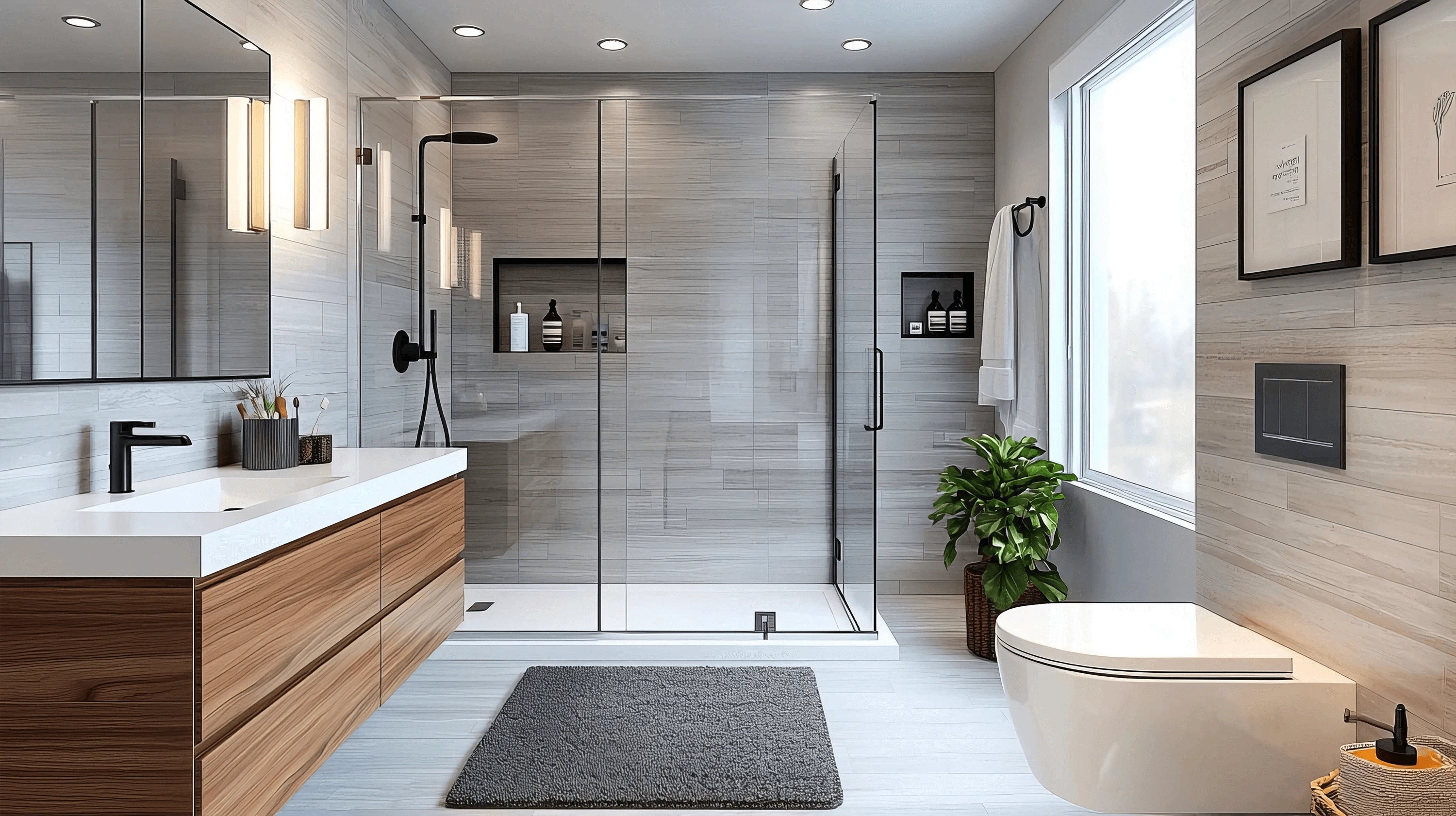 Modern bathroom vanity with seamless white countertop, integrated sink and light gray stone wall panels