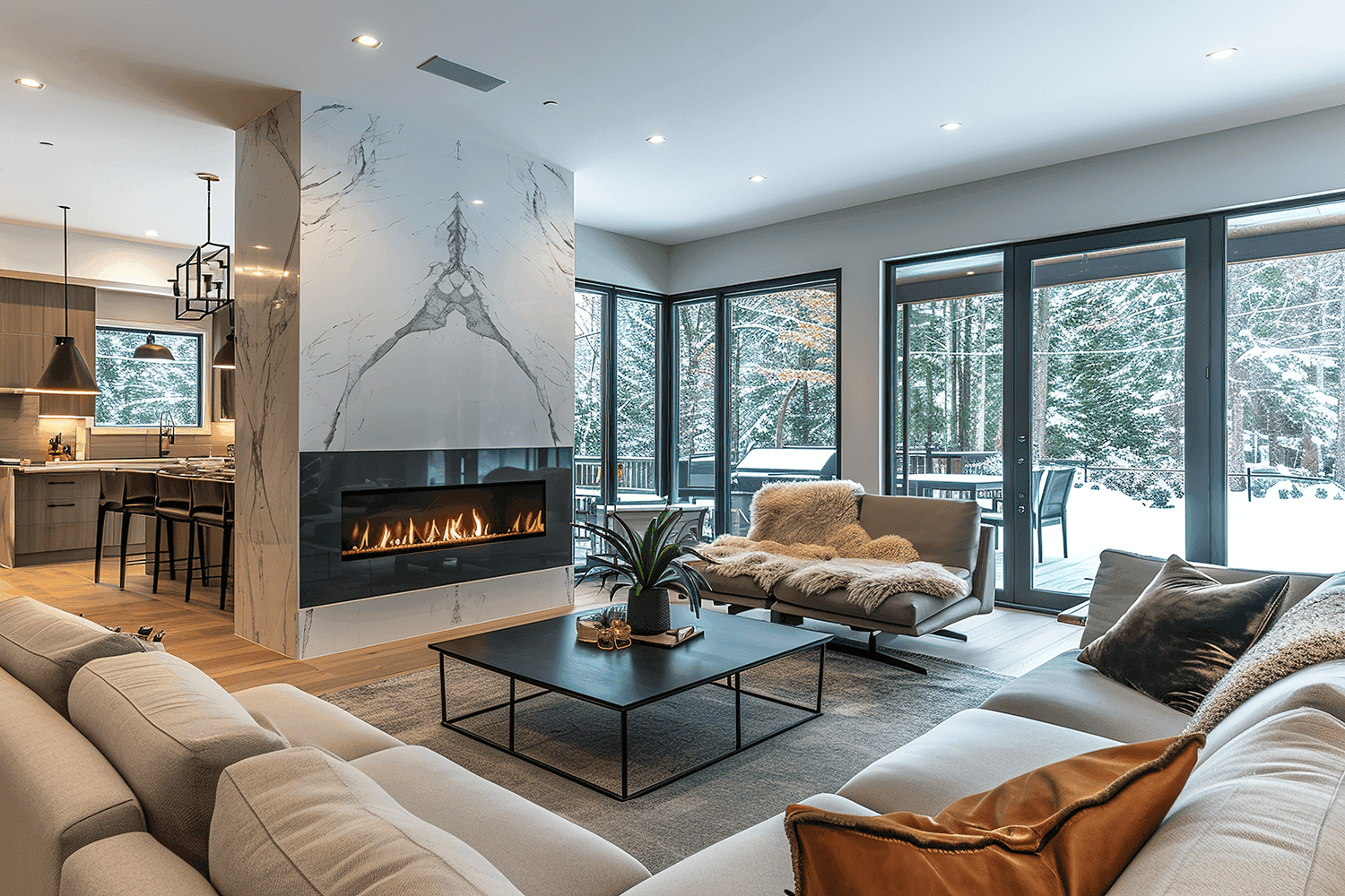 Open-concept living room with a fireplace surround in book-matched white stone with bold gray veining
