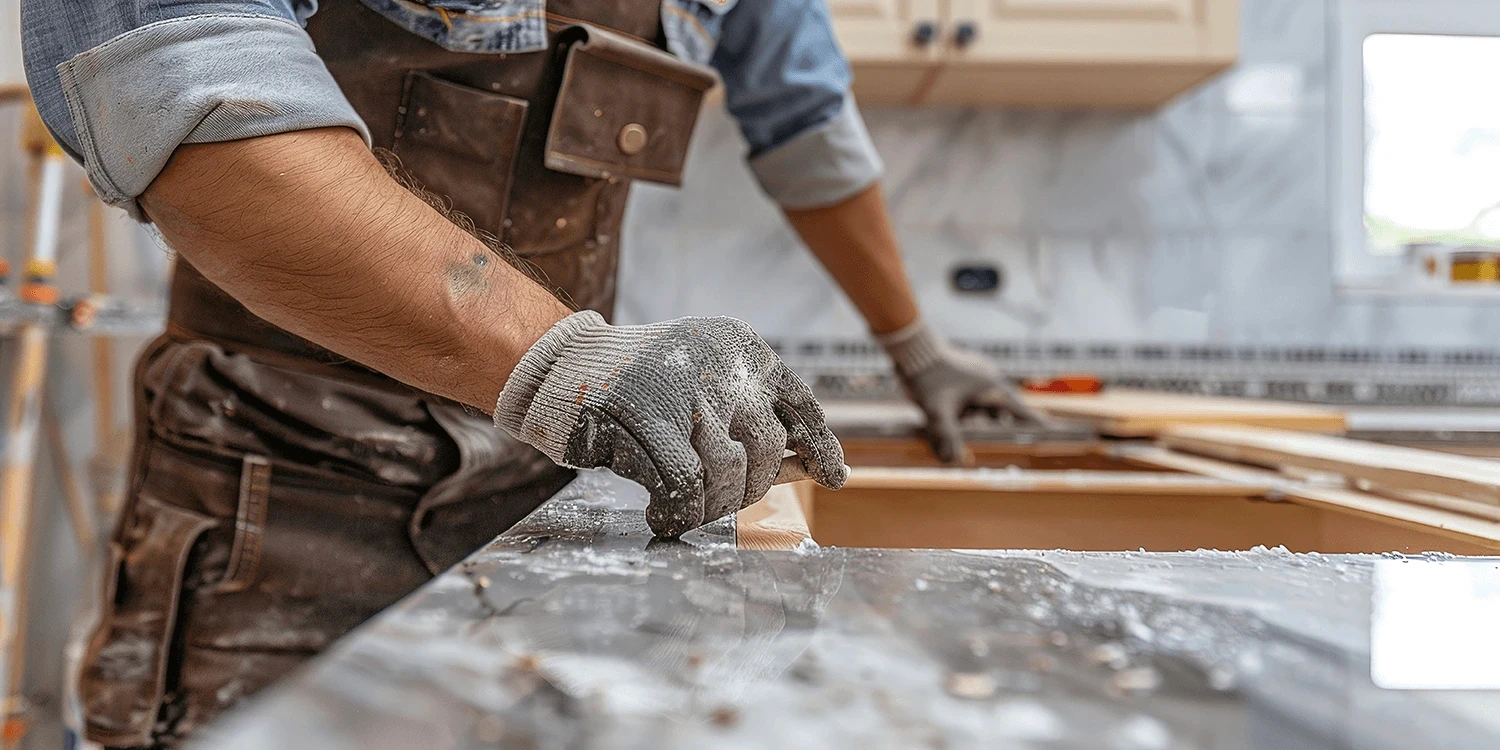 Installer's gloved hands on a dark gray veined countertop during installation