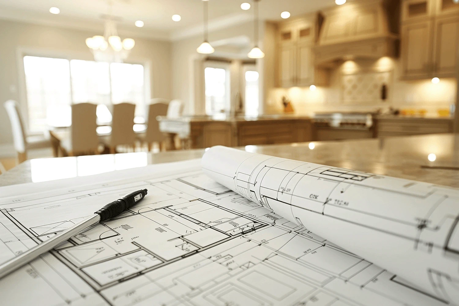Blueprints and pen on a beige stone countertop during project planning