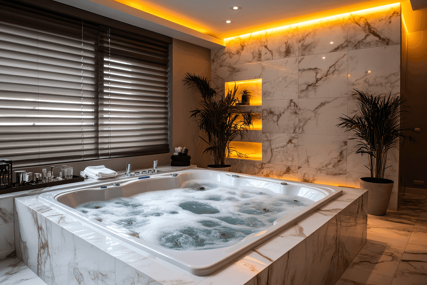 Jacuzzi tub surround and wall in white stone with gray-brown veining and backlit niches