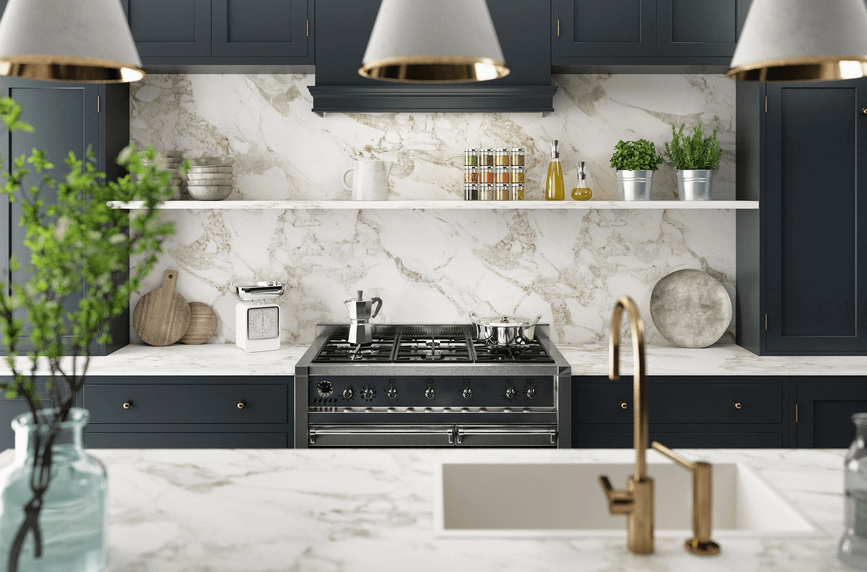 Kitchen with veined white stone countertop and matching full-height backsplash, navy cabinets, black range and brass faucet