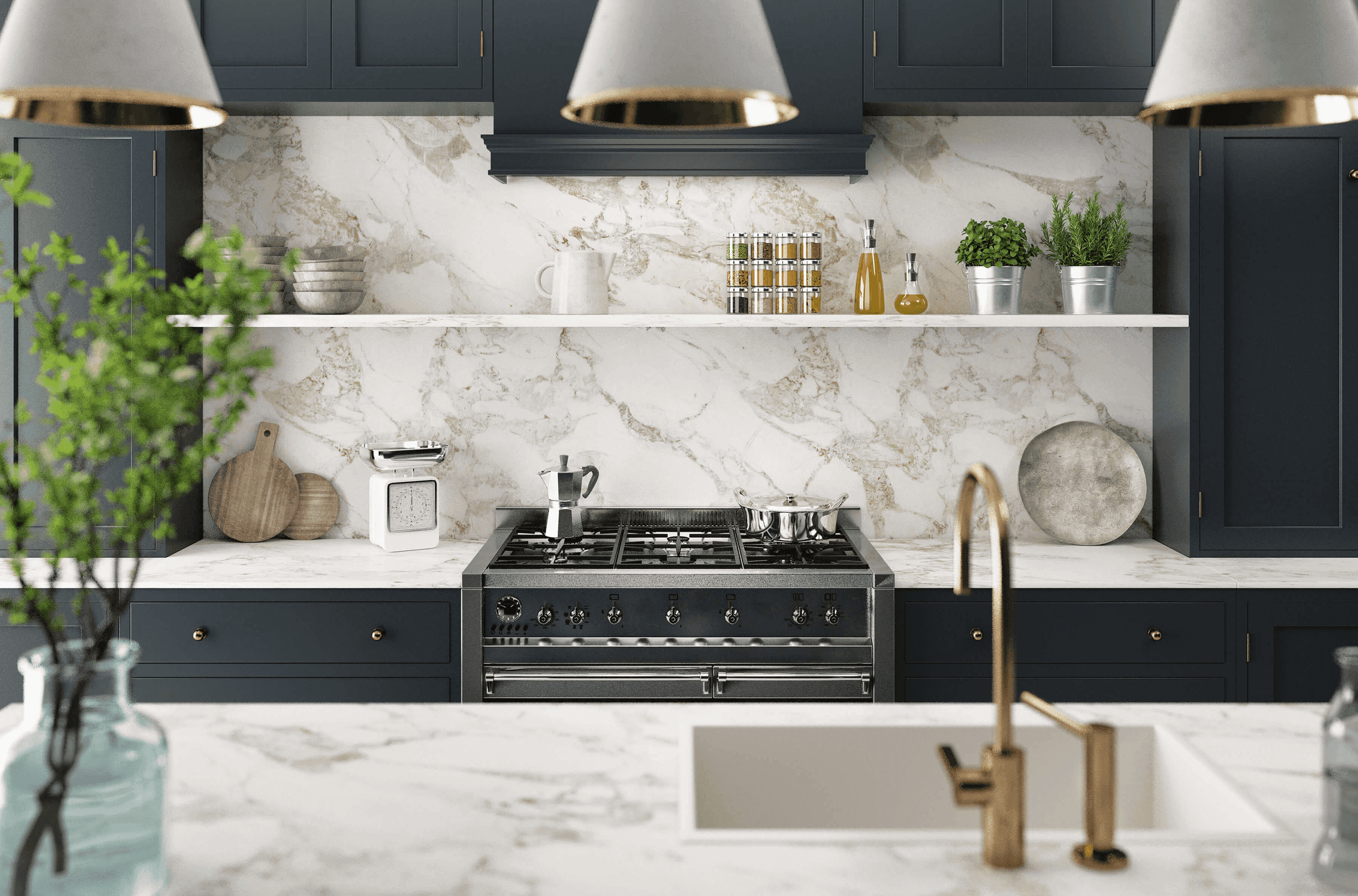 Kitchen countertop in white stone with beige and gray veining and a matching backsplash behind the stove
