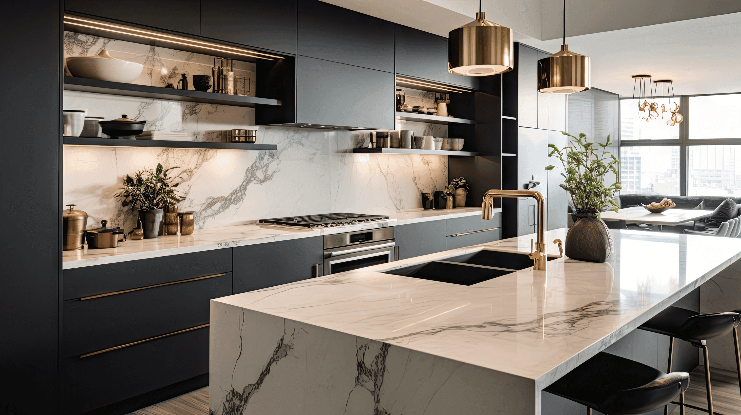 Modern kitchen with island, perimeter countertops and backsplash in white stone with gray veining