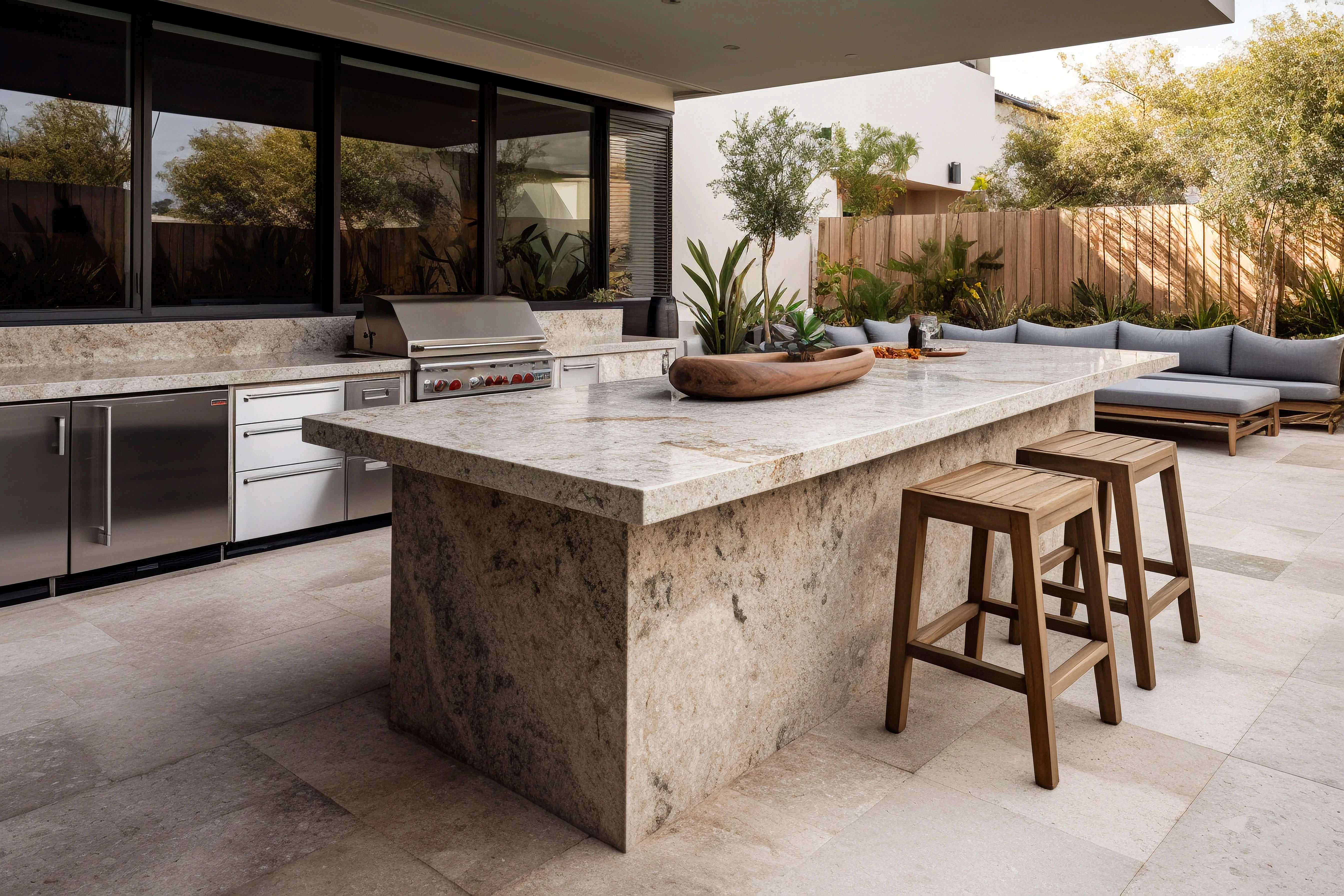 Outdoor kitchen with L-shaped counter and island in beige speckled stone