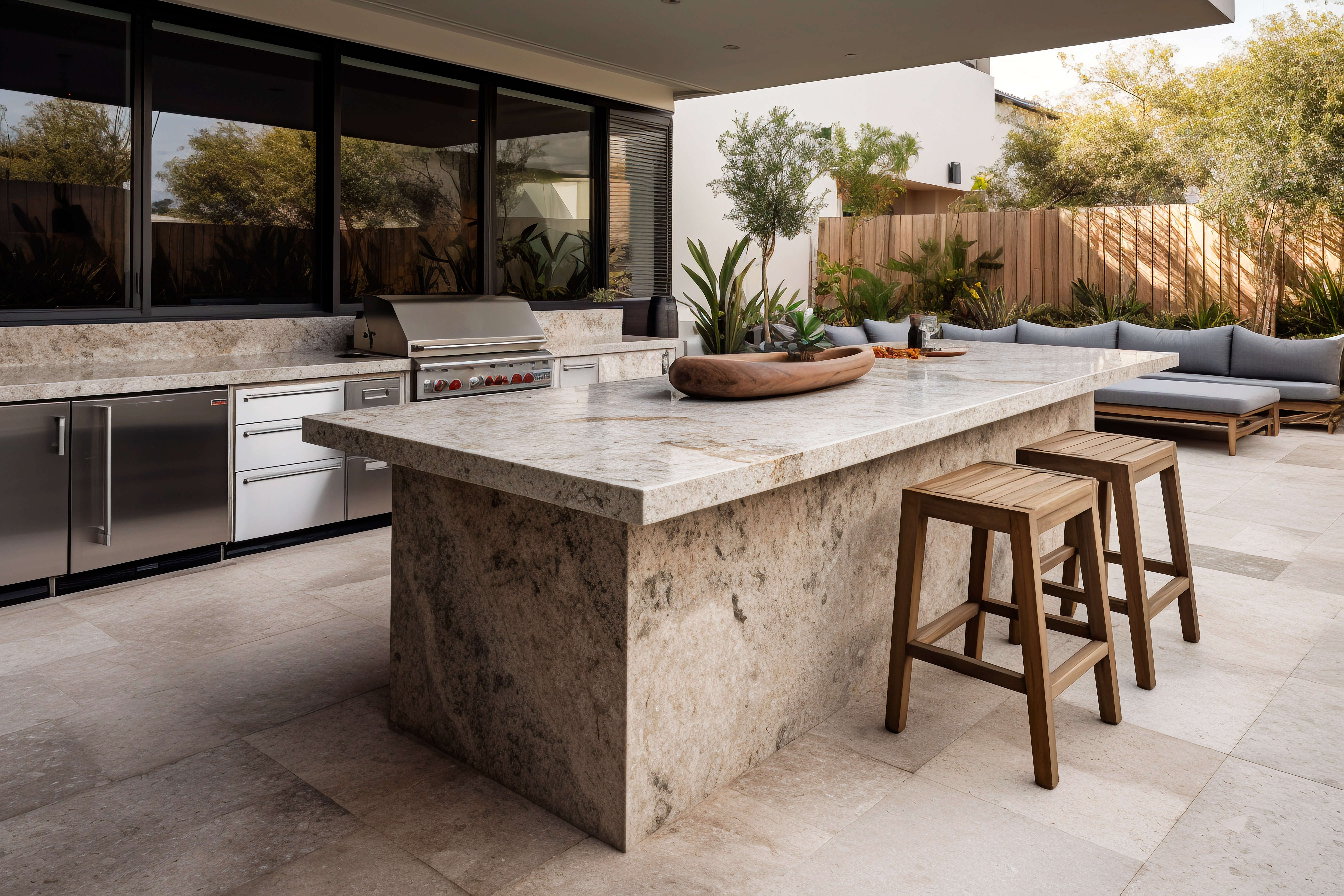 Outdoor kitchen island and countertops in beige stone with brown and gray speckles