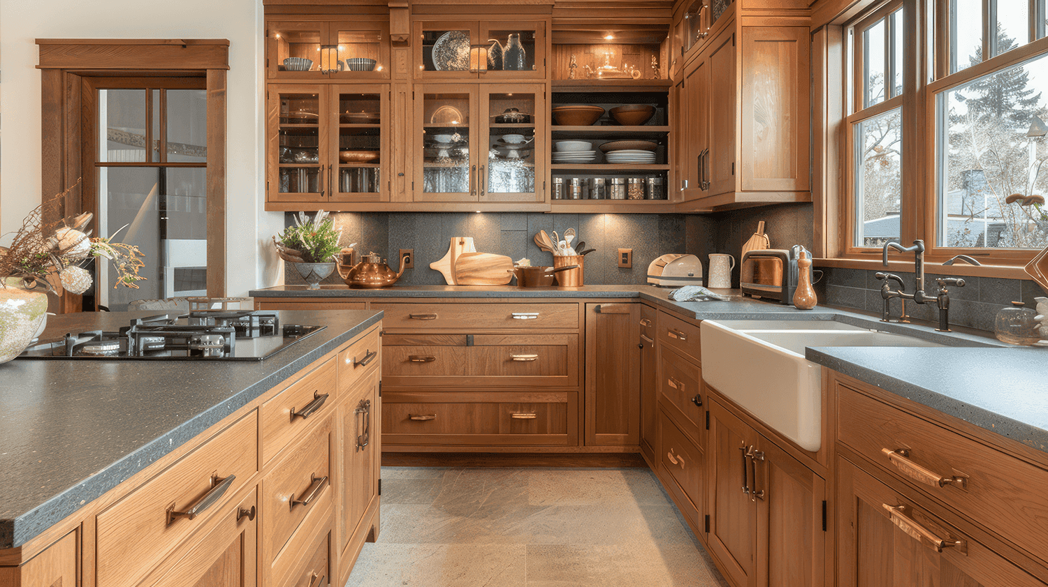 Kitchen with dark gray soapstone countertops and island with a matte finish