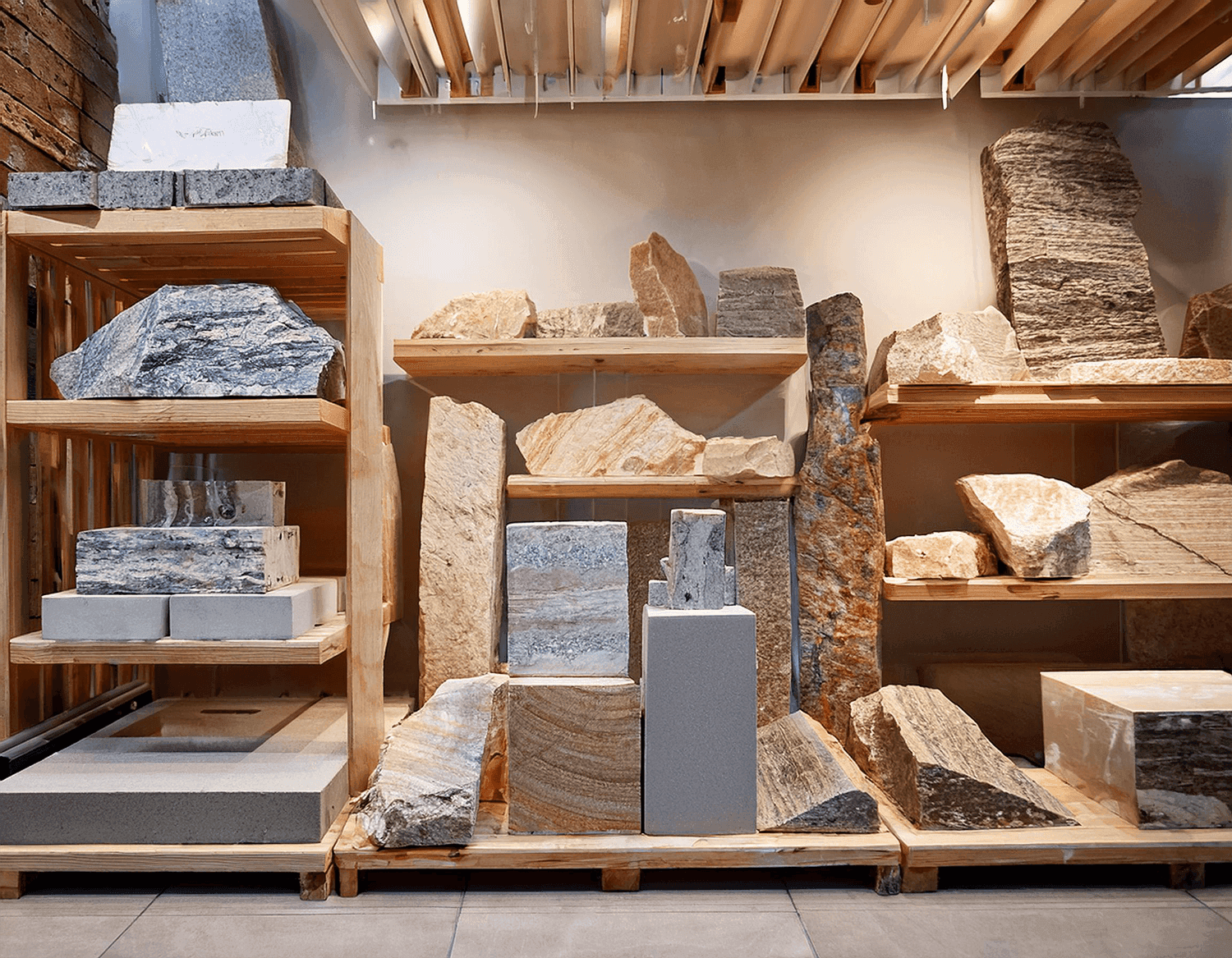 Assorted stone remnant samples in white, gray, tan and brown displayed on wooden shelves