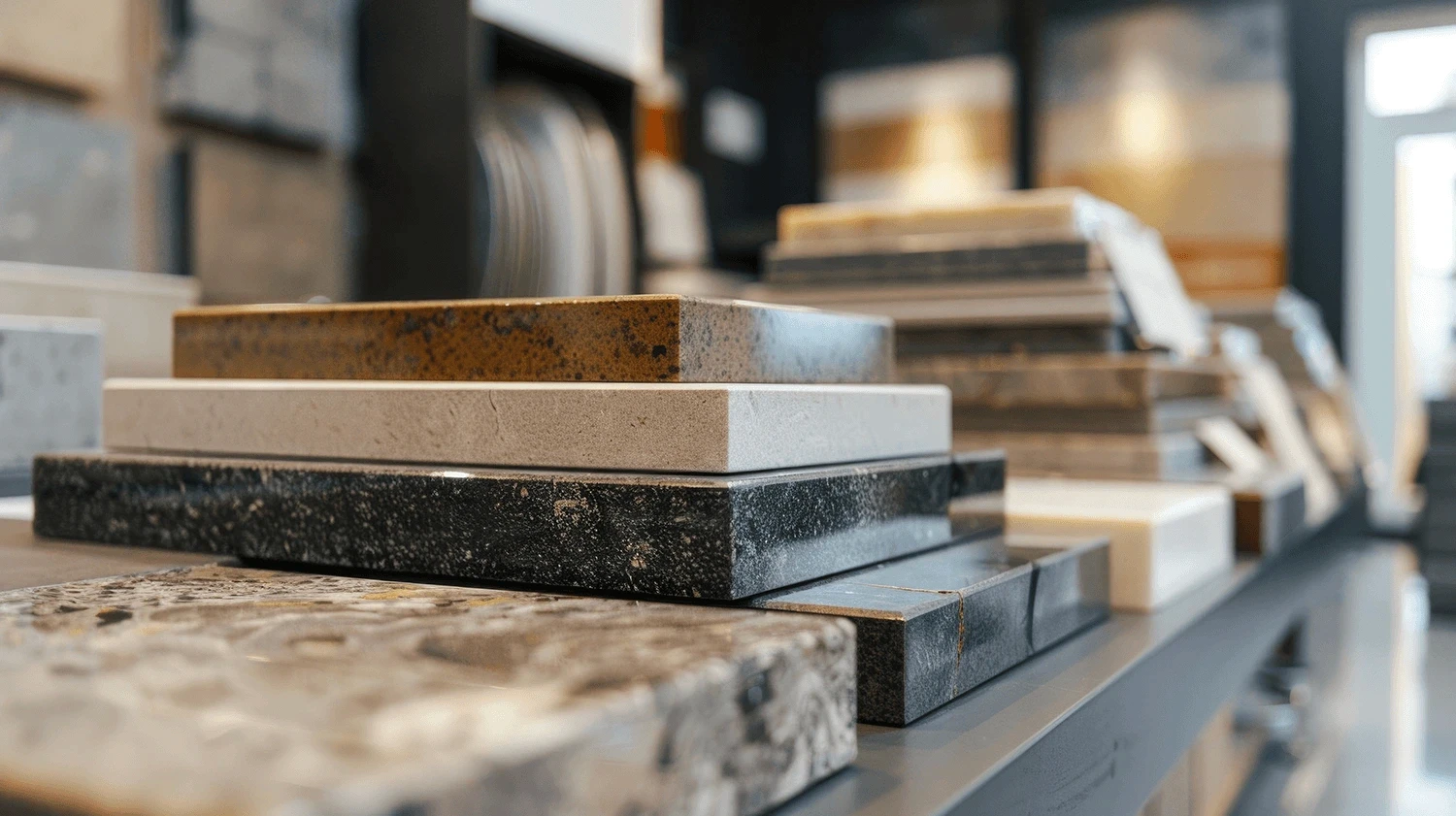 Stone countertop samples in black, gray and white patterns stacked on a showroom display