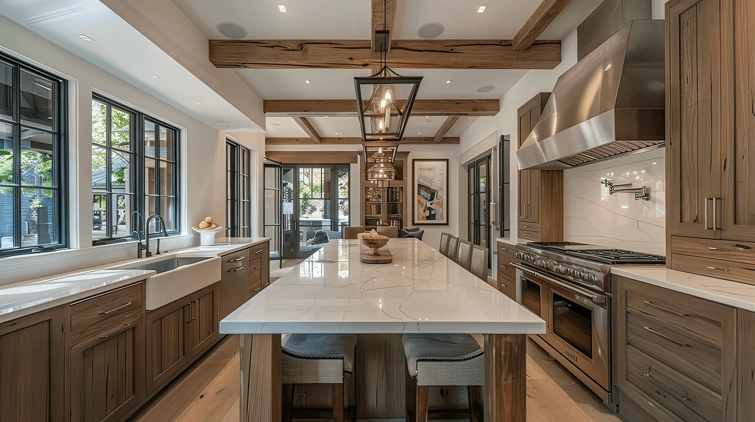 Kitchen with white island and countertops in stone with subtle gray veining