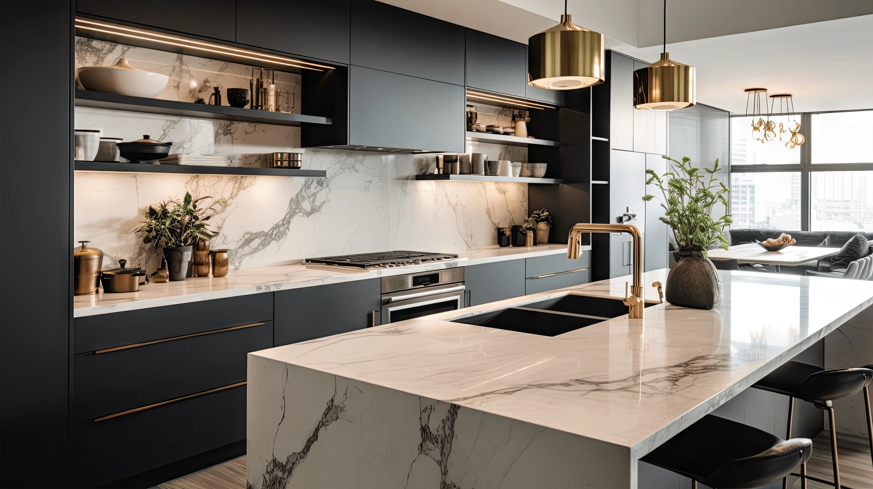 Modern kitchen with a large island and perimeter countertops in white stone with gray veining and integrated sinks